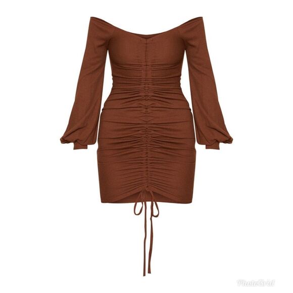 Prettylittlething Brown Ruched Off The Shoulder Drawstring Mini Dress - Picture 3 of 9